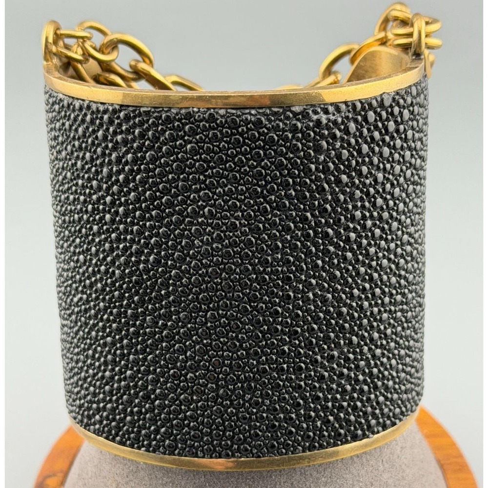 Vintage Bracelet Cuff Black Pebble Enamel Biker Chain Paige Novick Gold Plate
